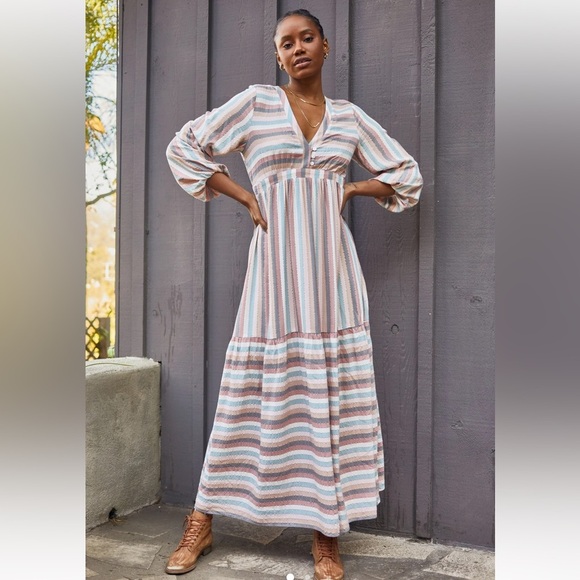 Self Contrast Sophia Maxi Dress L Bright Pastel Stripes with Metallic Thread NEW - Picture 1 of 12